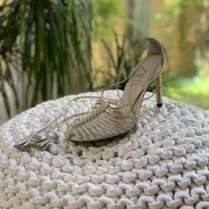 Zara High Heel Sandal Tassel Braided Ankle Cream
